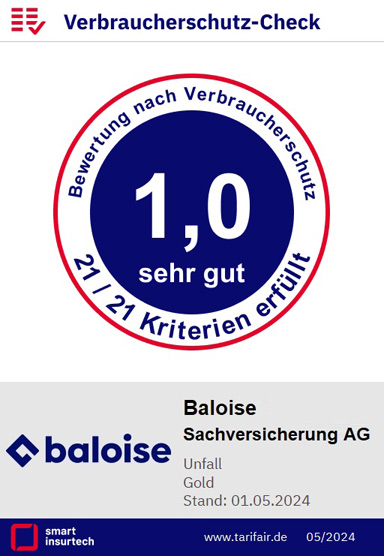 Verbraucherschutz-Check mit Bewertung 1,0 „sehr gut“ für Baloise Sachversicherung AG.